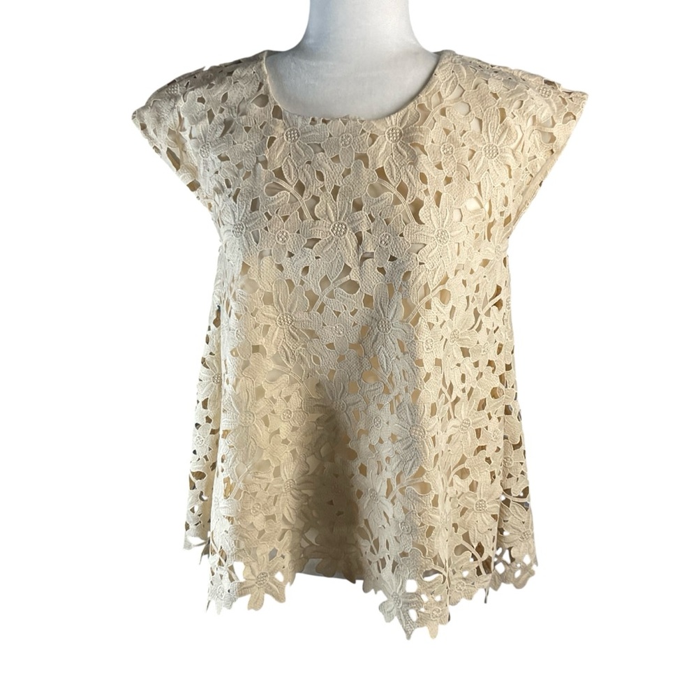 Anna Sui Women's Ivory Cream Floral Crochet Lace Sleeveless Boho Top Blouse Sz S